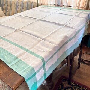 1950s Green & White Linen Tablecloth Country Shabby Chic